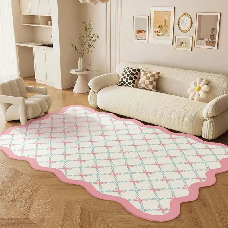 VIKAMA Cute Ribbon Embroidered Carpet, Soft and Warm Living Room Floor Mat, Girl's Bedroom Decoration Floor Pad, Home Decoration