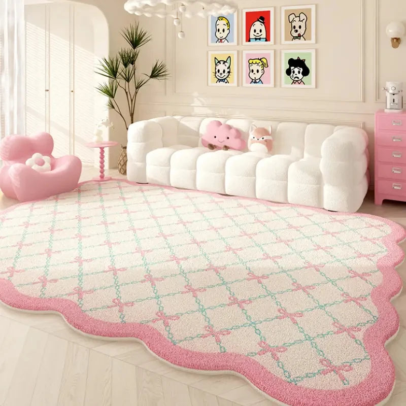 VIKAMA Cute Ribbon Embroidered Carpet, Soft and Warm Living Room Floor Mat, Girl's Bedroom Decoration Floor Pad, Home Decoration
